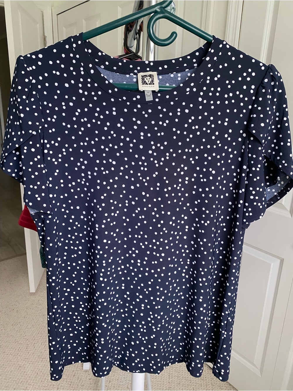 Anne Klein Navy and White Polka Dot Top